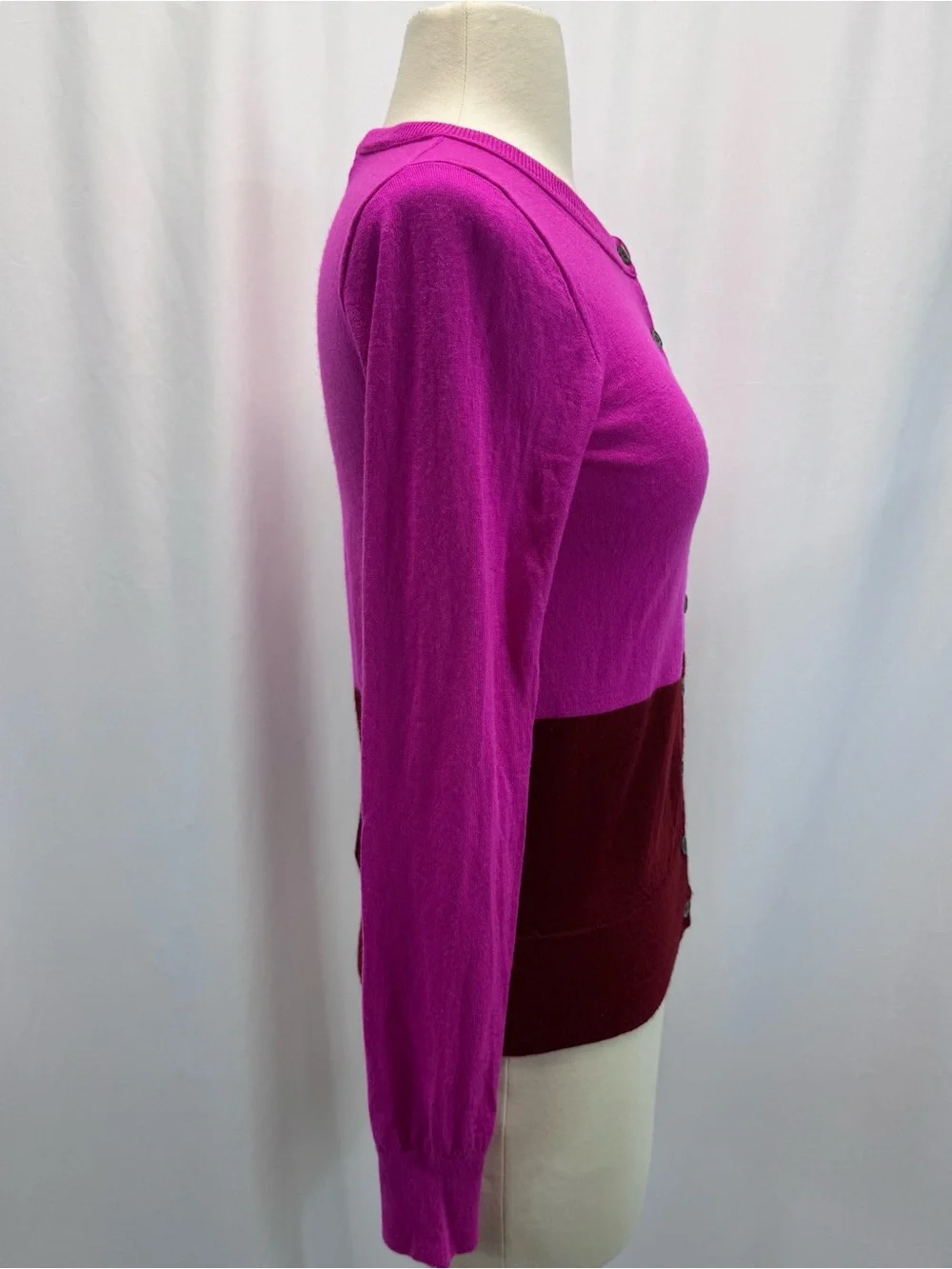 J. Crew Two-Tone Button-Front Cardigan Fuchsia S Wool Burgundy Preppy Luxury